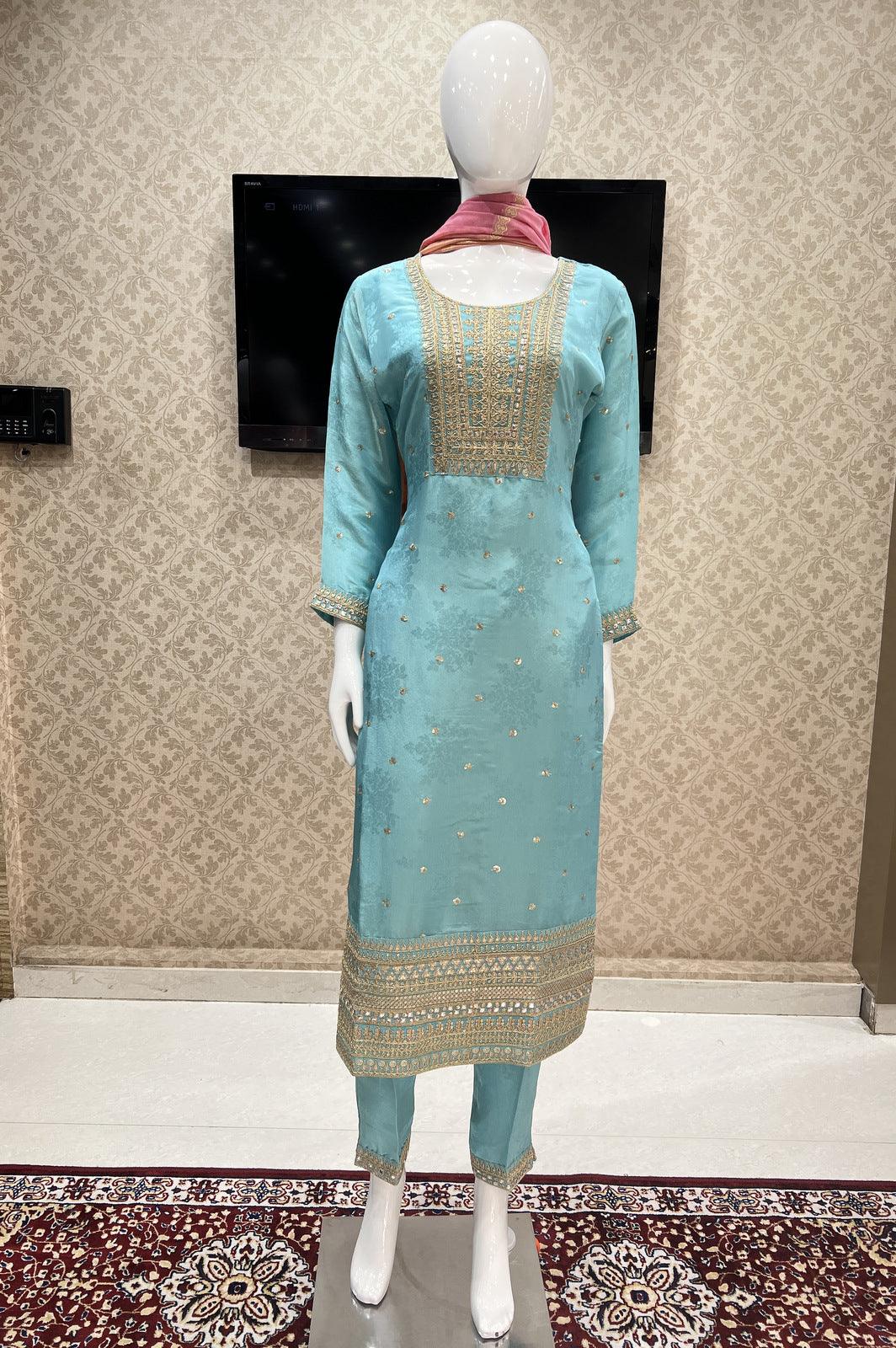 Firozi Blue Zari and Sequins work Straight Cut Salwar Suit - Seasons Chennai