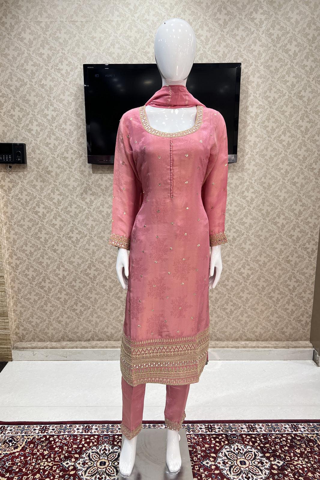 Pink Self Printed, Sequins and Zari work Straight Cut Salwar Suit - Seasons Chennai
