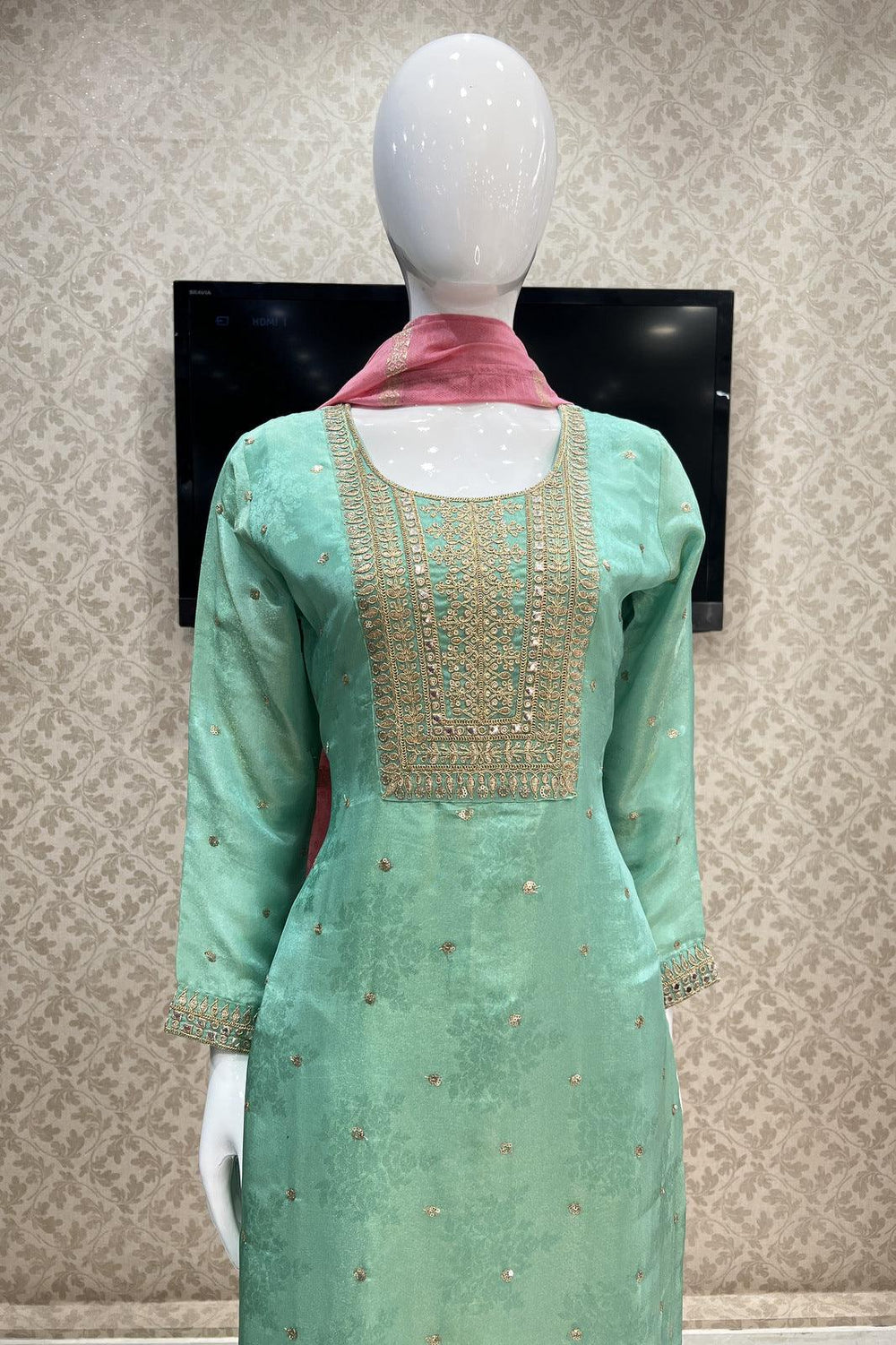 Pista Green Zari and Sequins work Straight Cut Salwar Suit - Seasons Chennai