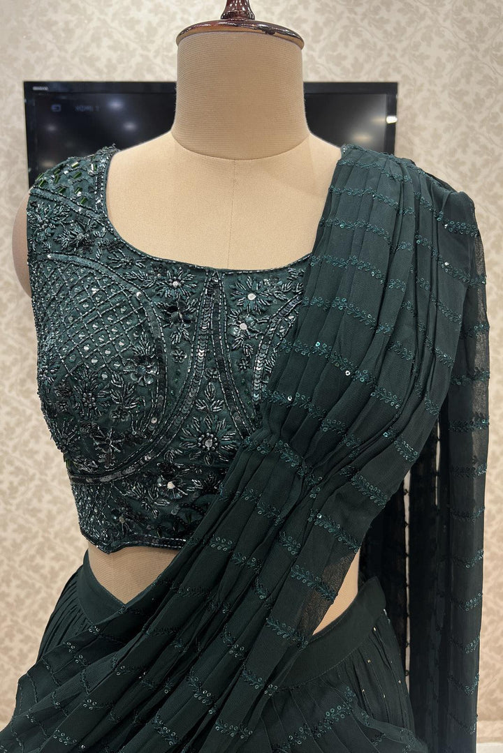 Bottle Green Readymade Saree and Readymade Sequins and Mirror work Designer Blouse - Seasons Chennai