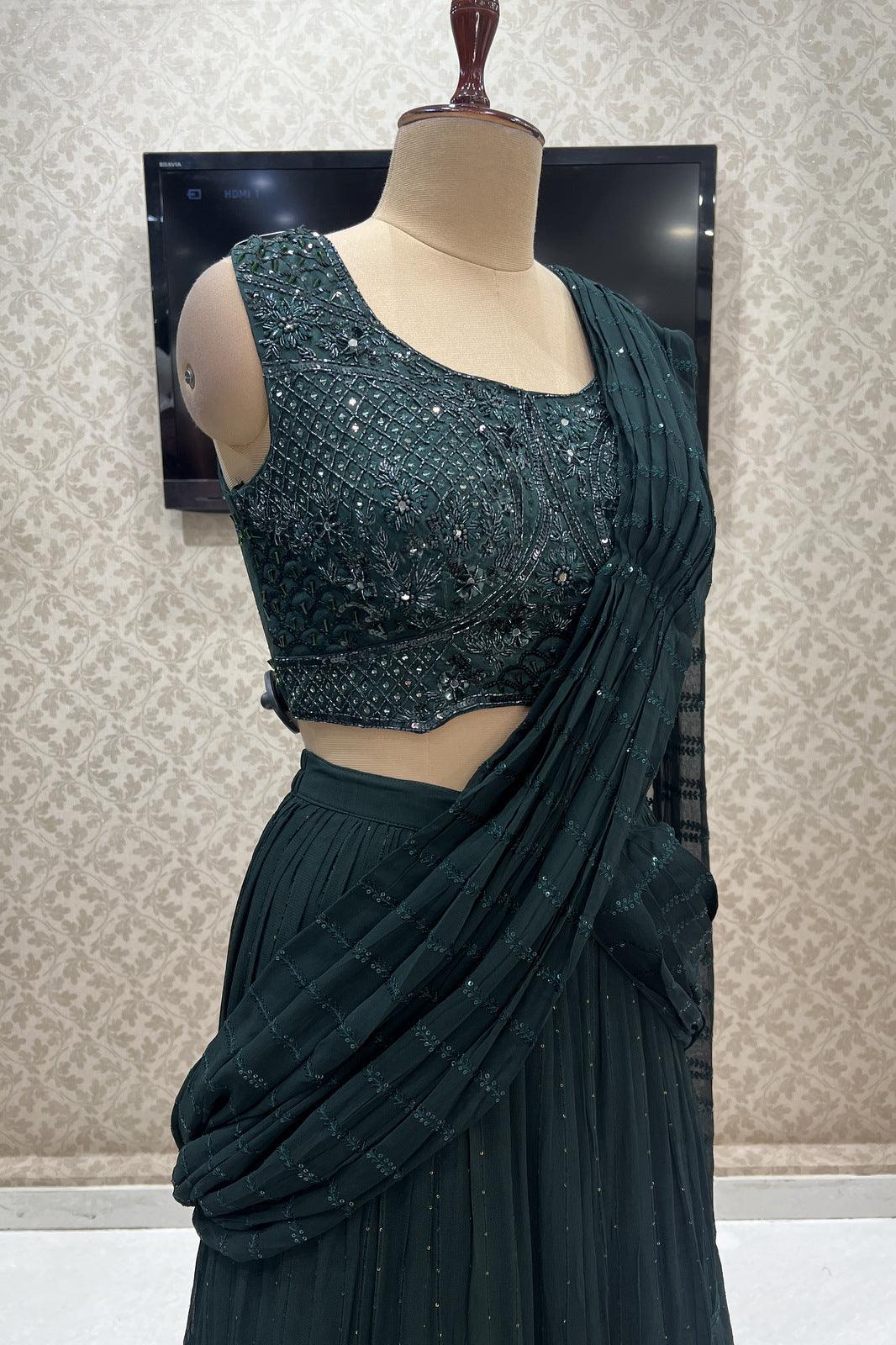 Bottle Green Readymade Saree and Readymade Sequins and Mirror work Designer Blouse - Seasons Chennai