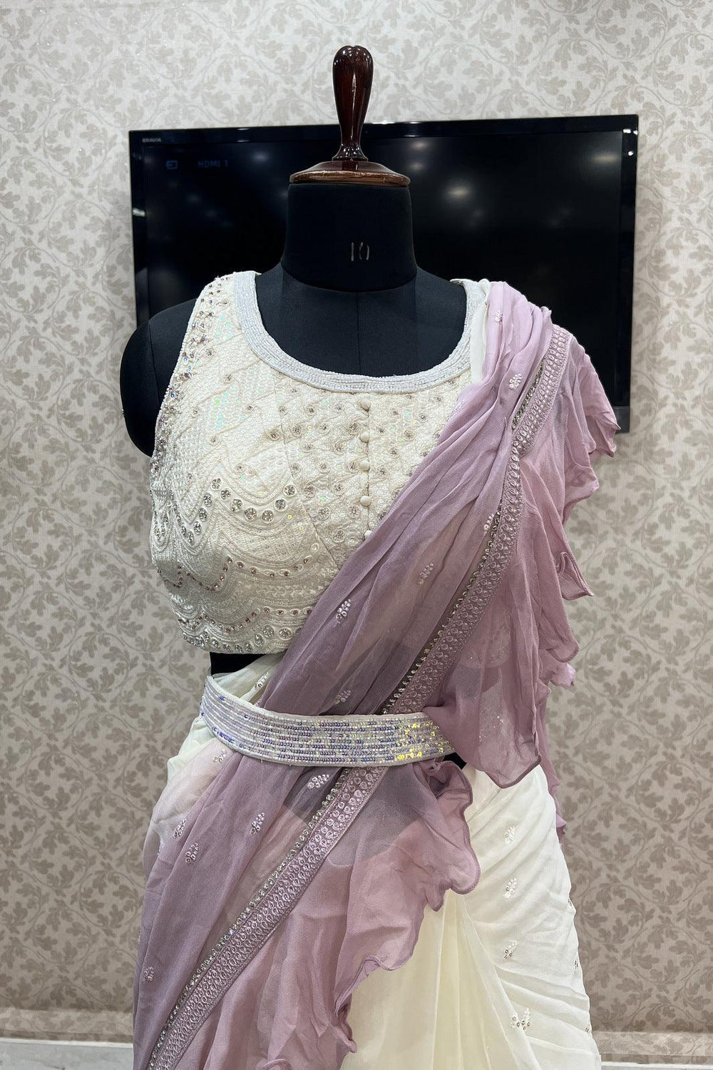 Cream with Lilac Shaded Readymade Saree and Readymade Sequins and Stone work Designer Blouse - Seasons Chennai