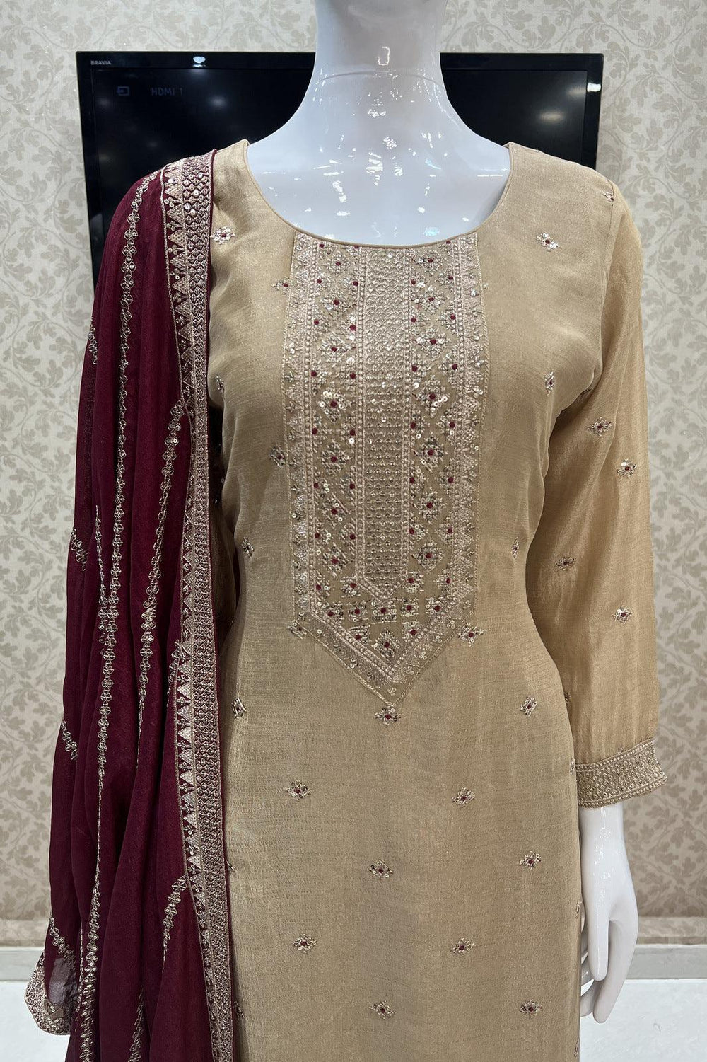 Beige Zari and Sequins work Straight Cut Salwar Suit - Seasons Chennai