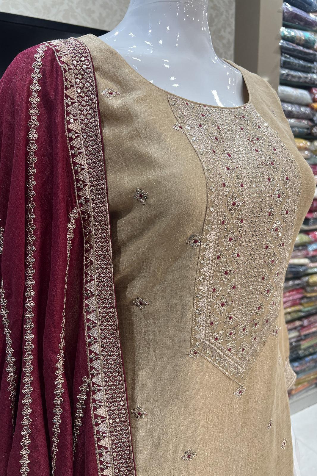 Beige Zari and Sequins work Straight Cut Salwar Suit - Seasons Chennai