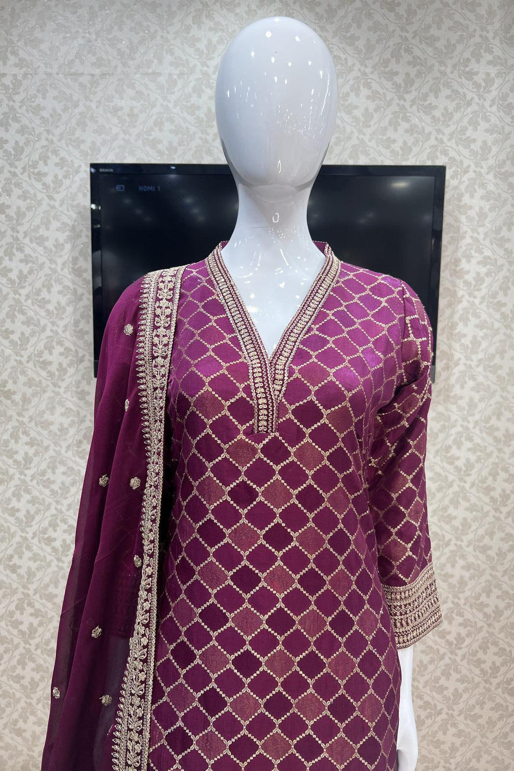 Wine Zari, Sequins and Banaras work Straight Cut Salwar Suit - Seasons Chennai