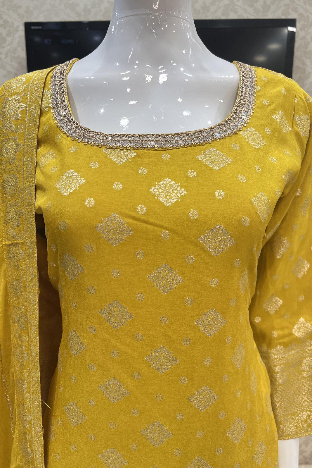 Mustard Mirror, Zardozi, Sequins and Banaras work Straight Cut Salwar Suit - Seasons Chennai