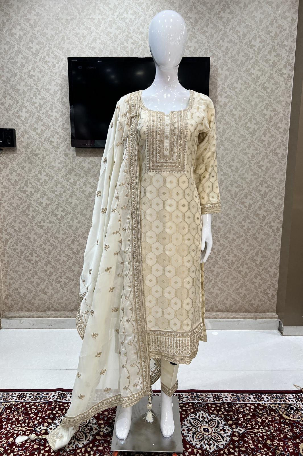 Cream Sequins, Zari and Banaras work Straight Cut Salwar Suit - Seasons Chennai