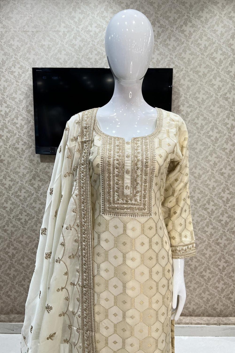 Cream Sequins, Zari and Banaras work Straight Cut Salwar Suit - Seasons Chennai