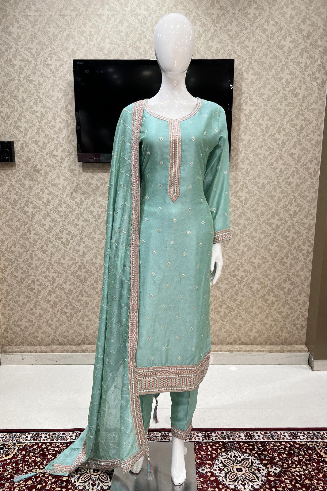 Light Blue Sequins, Zari and Thread work Straight Cut Salwar Suit - Seasons Chennai