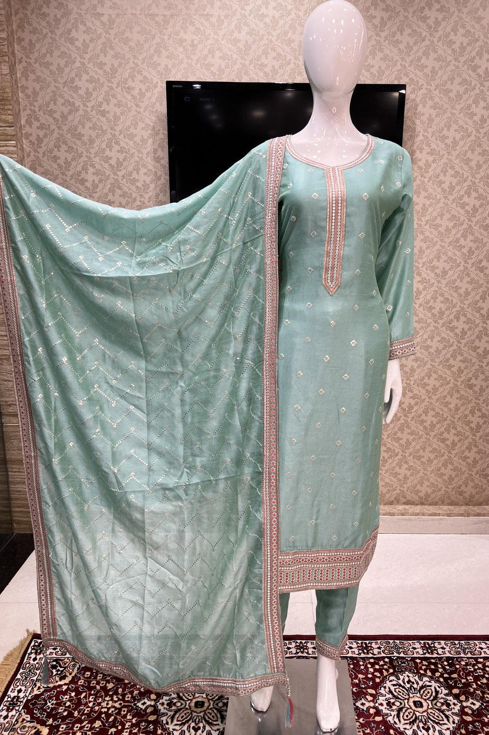 Light Blue Sequins, Zari and Thread work Straight Cut Salwar Suit - Seasons Chennai