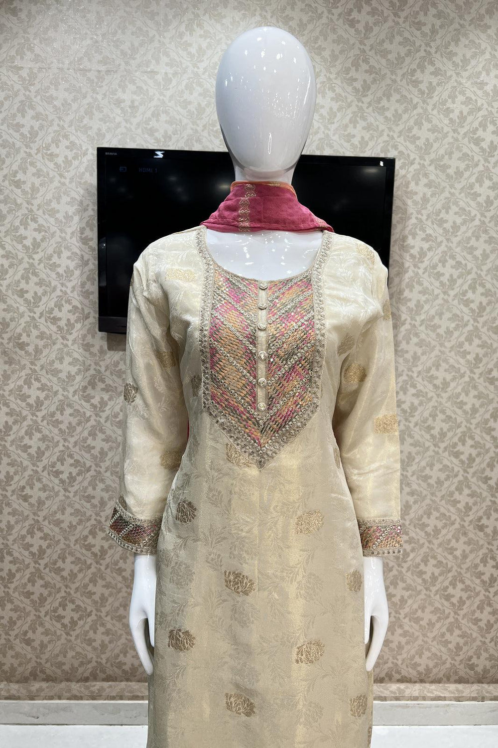 Light Beige Self Printed, Banaras, Zari and Sequins work Straight Cut Salwar Suit - Seasons Chennai