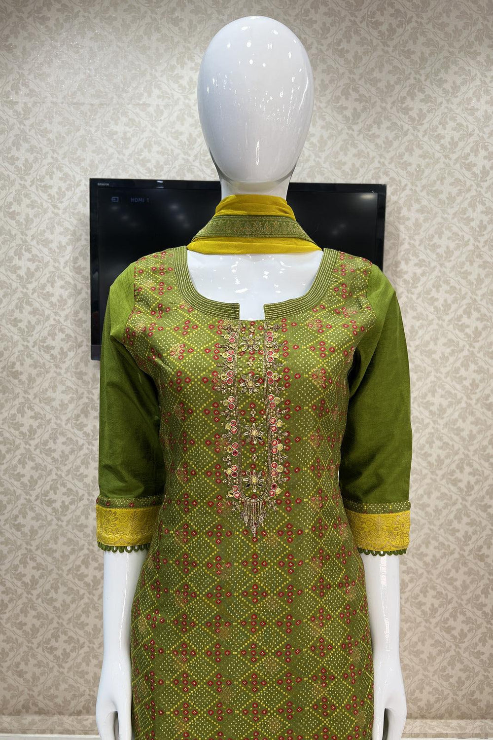 Leaf Green Bandini Print, Kundan, Mirror and Beads work Straight Cut Salwar Suit - Seasons Chennai