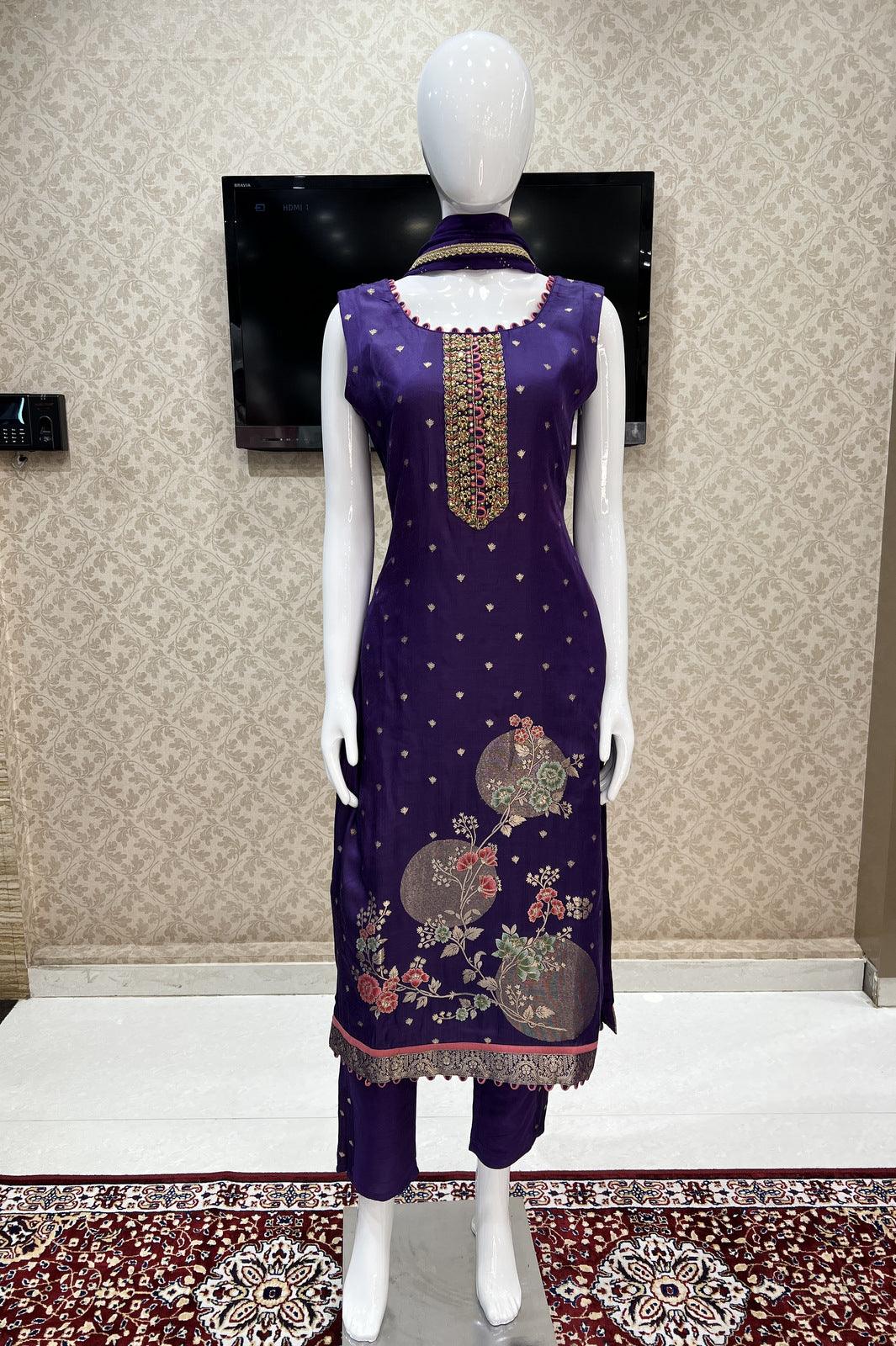 Purple Banaras, Mirror, Stone, Kundan, Zari and Zardozi work Straight Cut Salwar Suit - Seasons Chennai