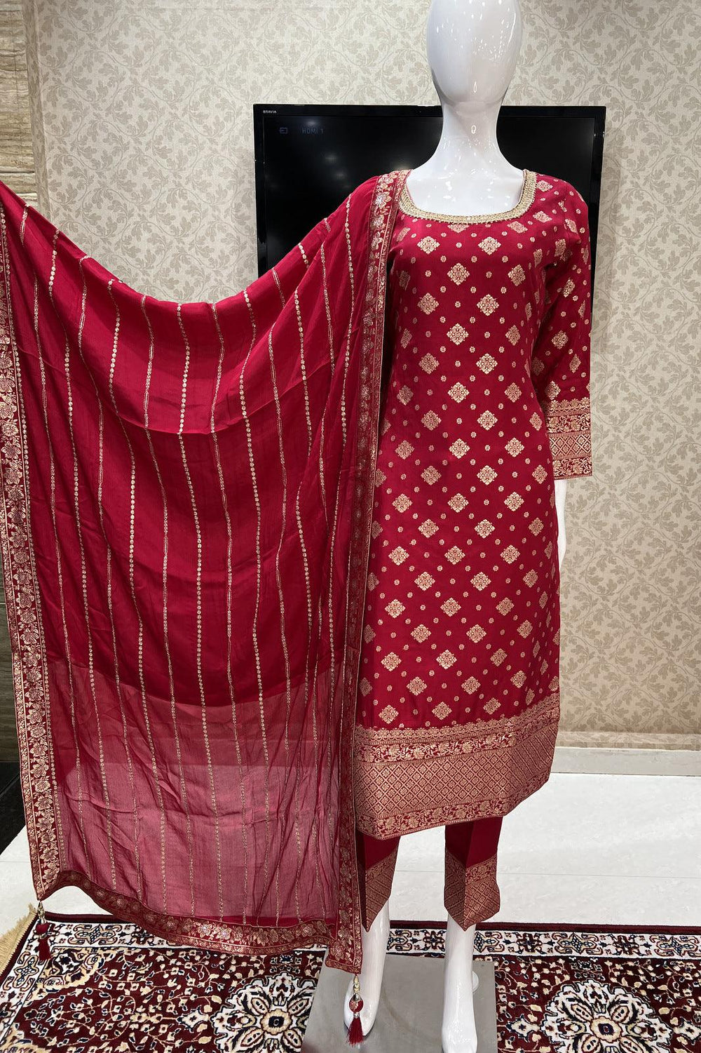 Red Mirror, Zardozi, Sequins and Banaras work Straight Cut Salwar Suit - Seasons Chennai