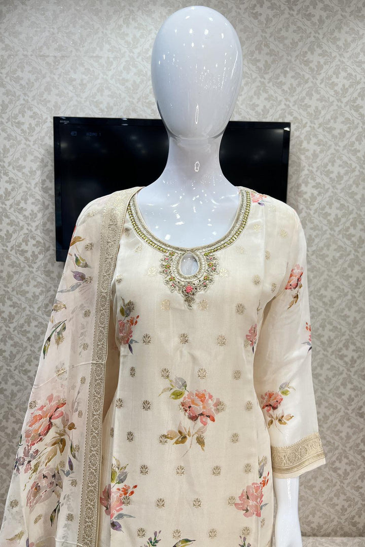 Cream Digital Print, Banaras, Zardozi, Mirror and Beads work Straight Cut Salwar Suit - Seasons Chennai