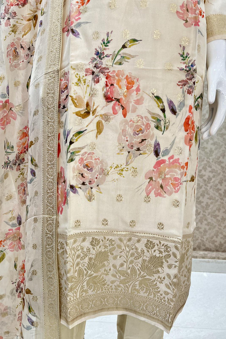 Cream Digital Print, Banaras, Zardozi, Mirror and Beads work Straight Cut Salwar Suit - Seasons Chennai