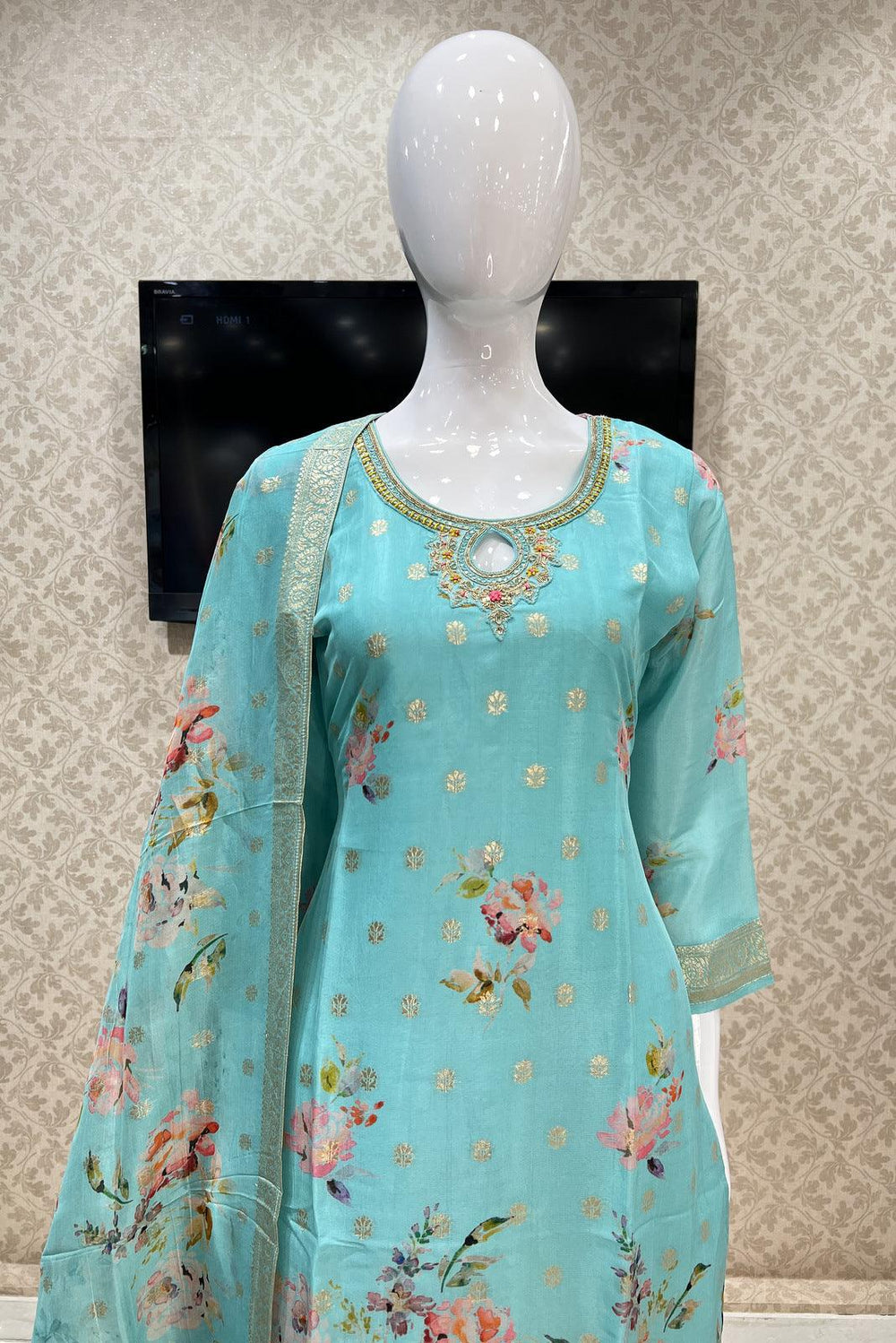 Blue Digital Print, Banaras, Zardozi, Mirror and Beads work Straight Cut Salwar Suit - Seasons Chennai