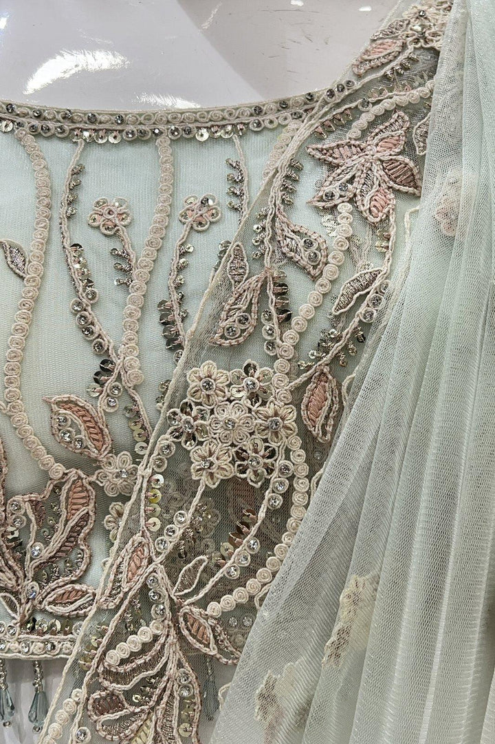 Pista Green Embroidery, Sequins, Zari, Stone and Beads work Crop Top Designer Bridal Lehenga - Seasons Chennai