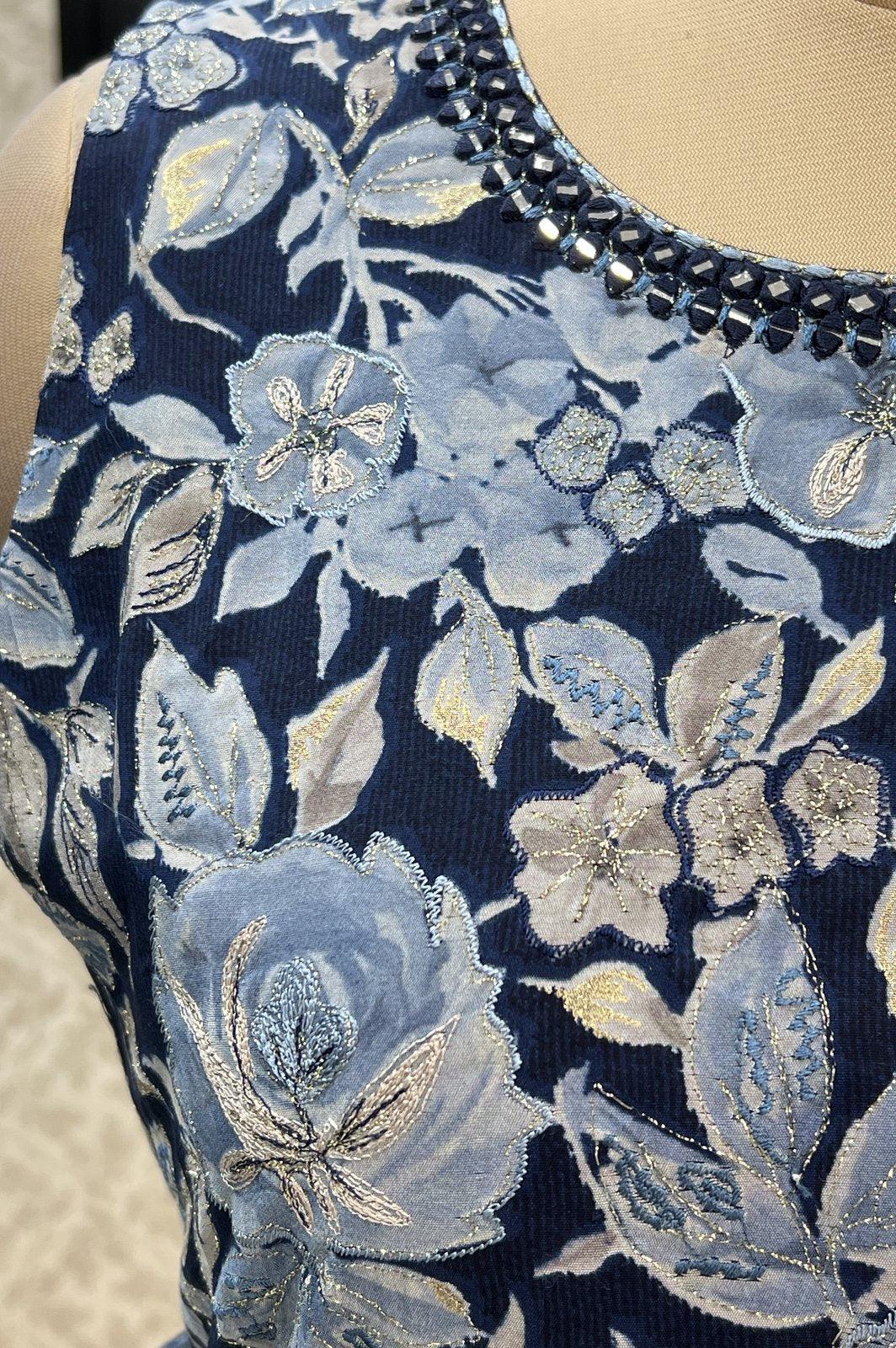 Navy Blue Floral Print, Mirror, Zari and Thread work Anarkali Styled Long Kurti - Seasons Chennai