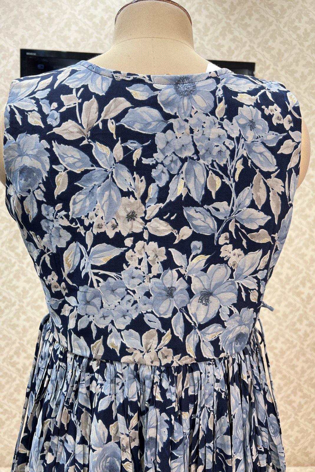 Navy Blue Floral Print, Mirror, Zari and Thread work Anarkali Styled Long Kurti - Seasons Chennai