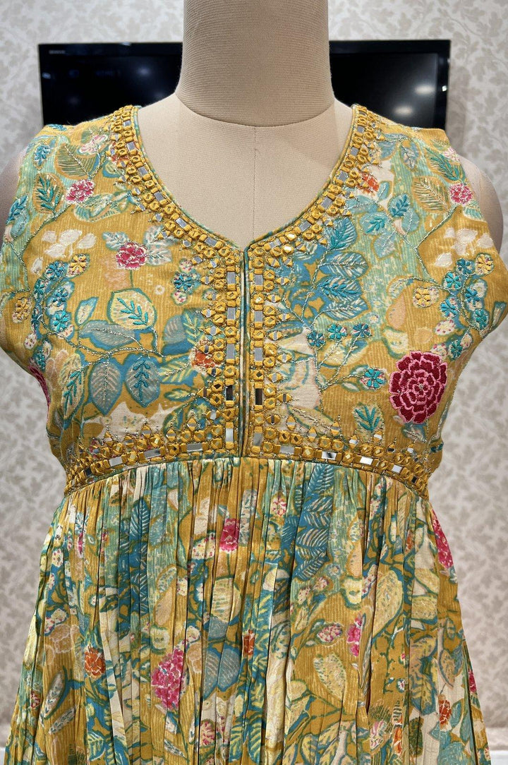 Yellow Floral Print, Mirror, Zari and Embroidery work Anarkali Styled Long Kurti - Seasons Chennai