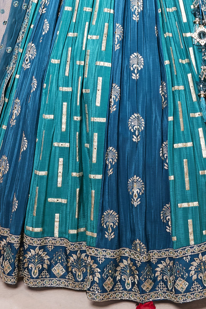 Rama Blue with Rama Green Zari Embroidery and Banaras work Crop Top Lehenga