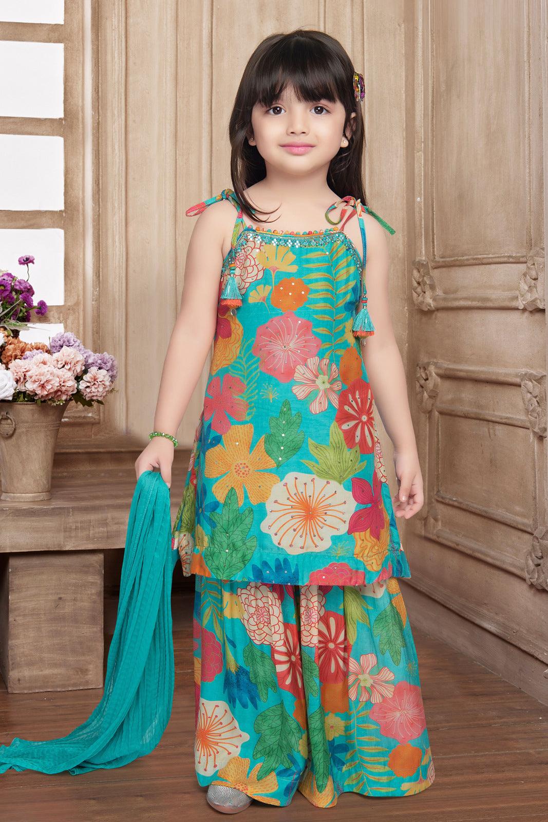 Rama Green Sequins and Mirror work with Multicolor Print for Girls Sharara Suit Set - Seasons Chennai