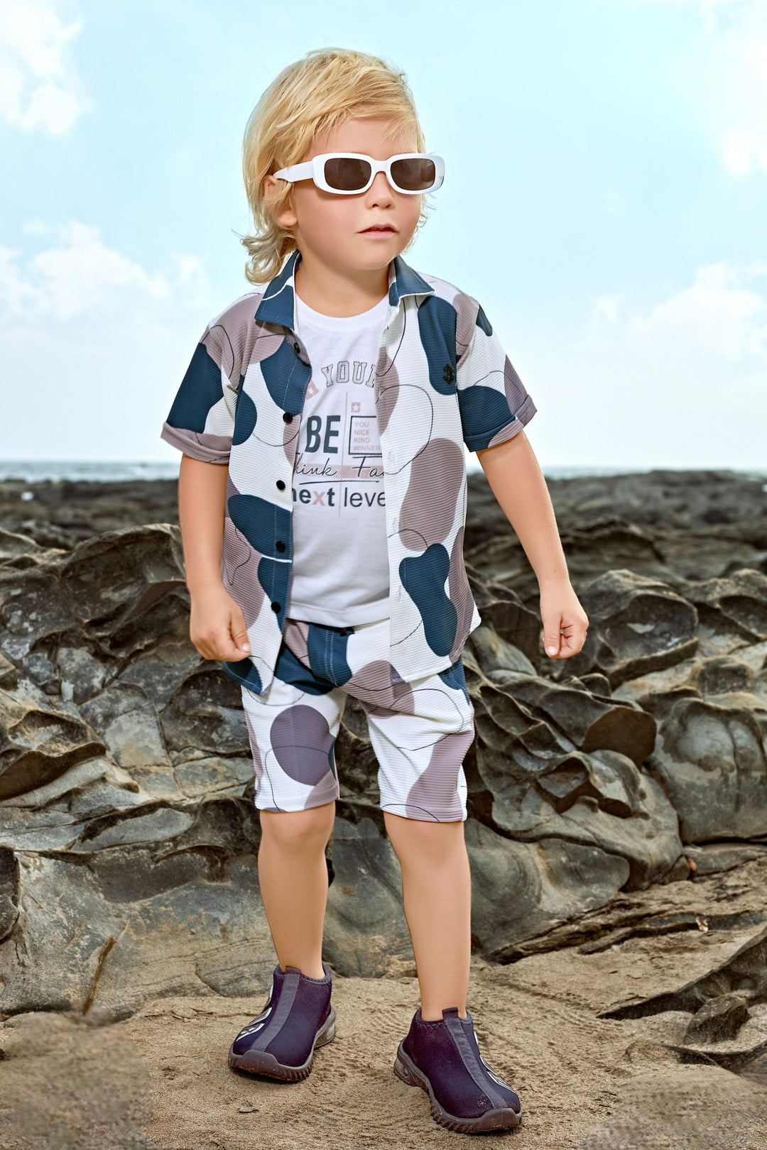 White Multicolor Printed Co-Ord Set for Boys