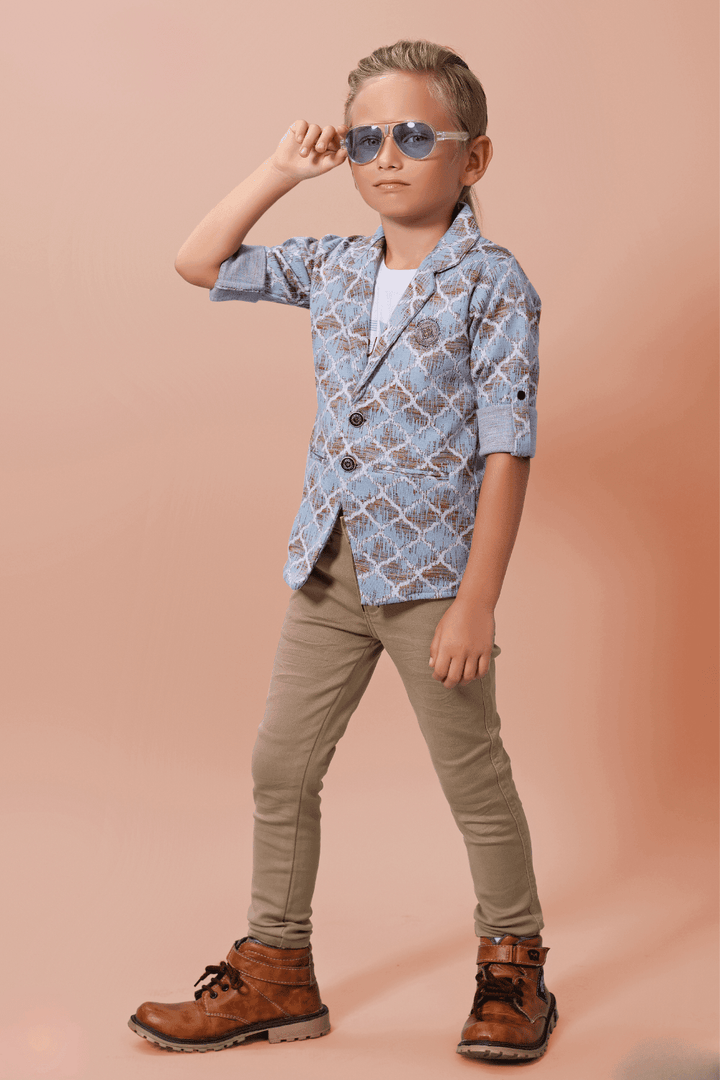 White and Blue Printed Waist Coat and Beige Pant Set for Boys with Belt - Seasons Chennai
