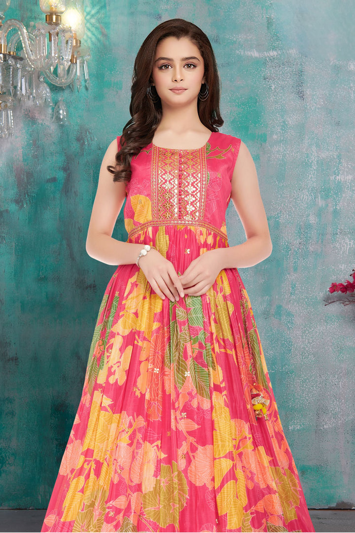 Rani Pink Gota Patti and Zari work with Floral Print Long Party Gown for Girls