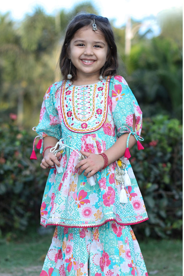 Multicolor Digital Print, Embroidery and Mirror work Peplum Top and Sharara Set for Girls