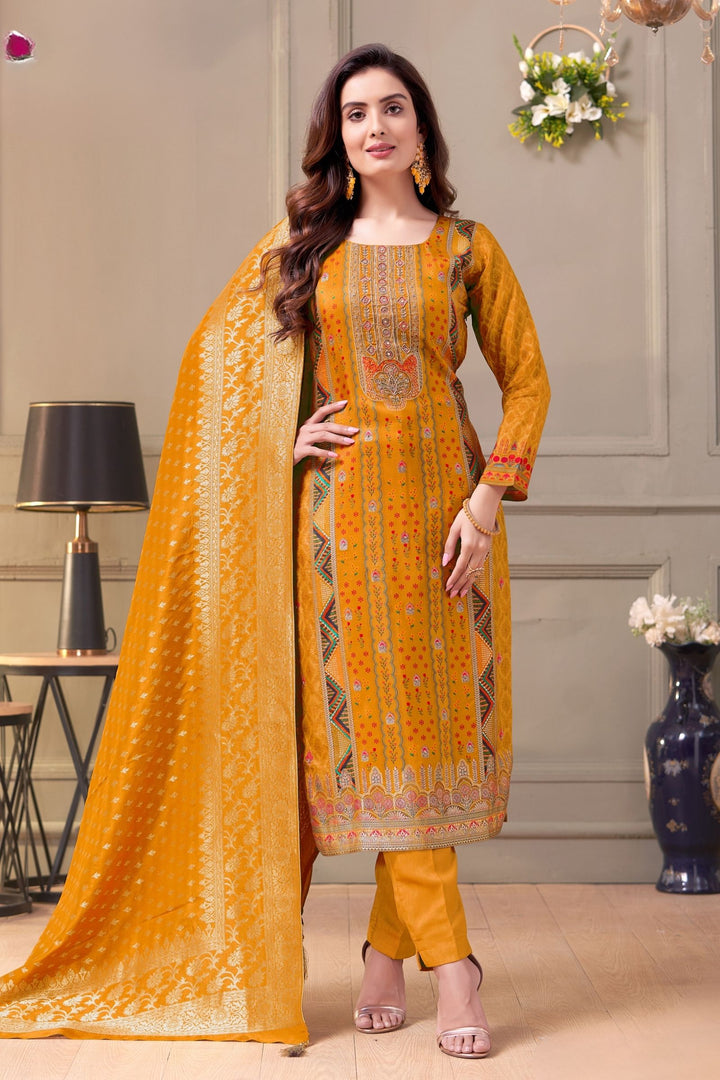 Mustard Banaras and Beads work with Digital Print Straight Cut Salwar Suit
