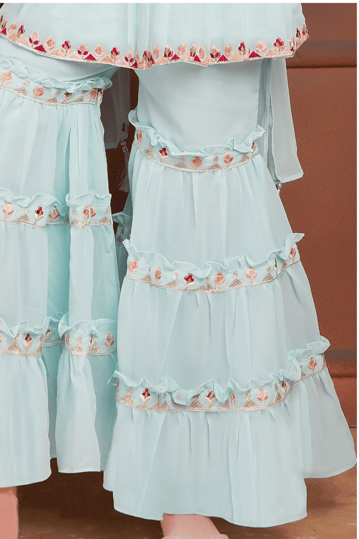 Pastel Blue Multicolor Thread and Zari work Peplum Style Sharara Suit Set for Girls - Seasons Chennai
