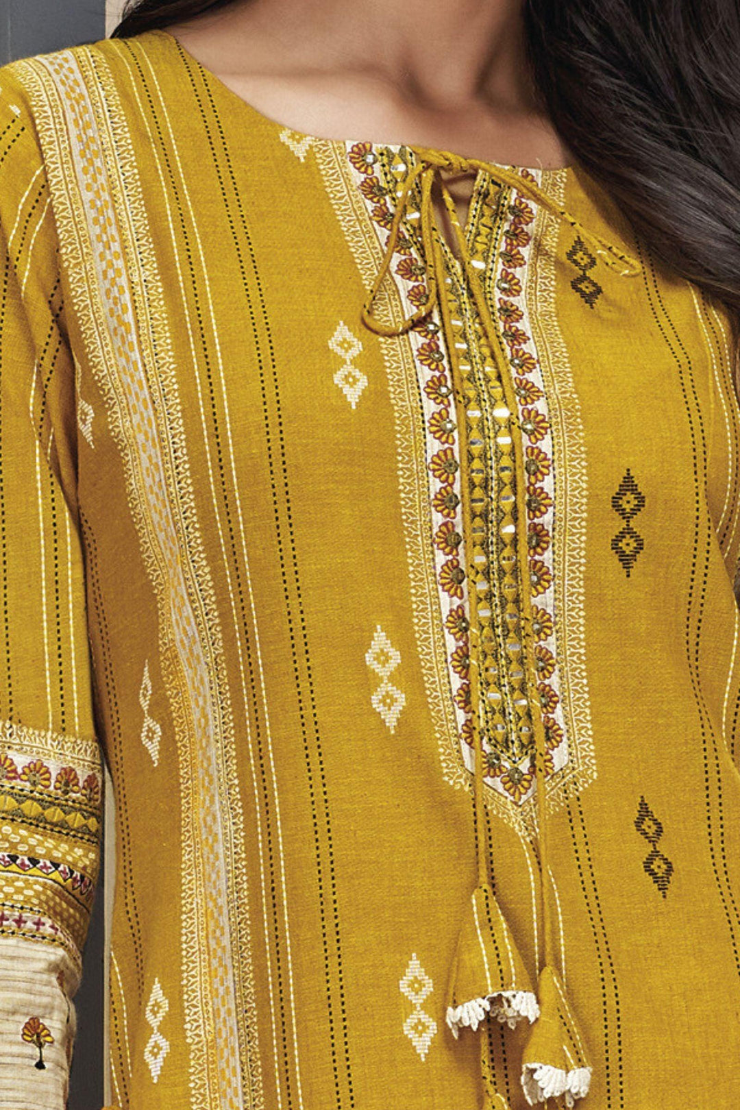 Yellow with Cream Thread work Straight Cut Salwar Suit - Seasons Chennai