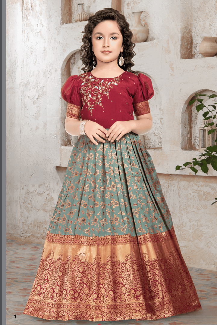 Maroon with Green Banaras, Beads, Stone and Sequins work Long Party Gown for Girls - Seasons Chennai