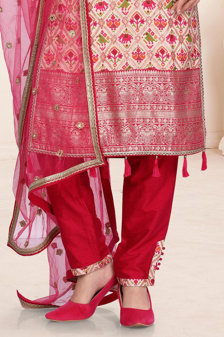 Beige with Rani Pink Patola Print and Banaras work Straight Cut Salwar Suit - Seasons Chennai