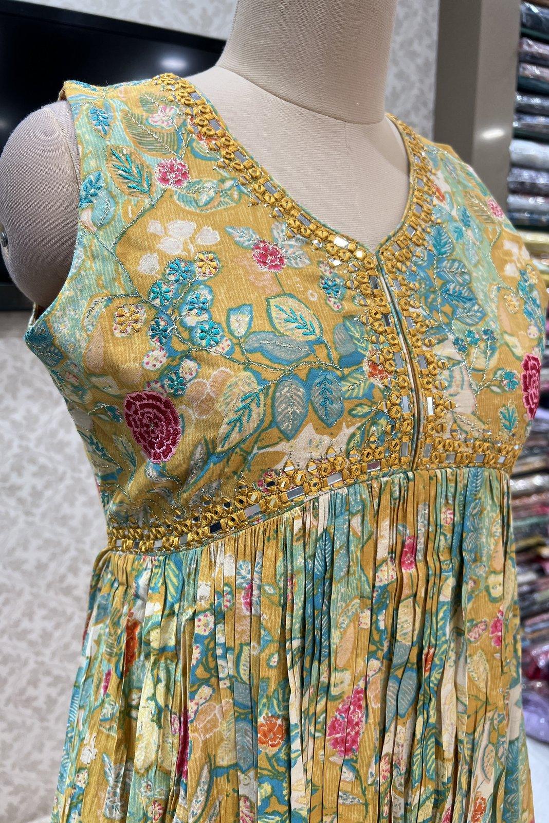 Yellow Floral Print, Mirror, Zari and Embroidery work Anarkali Styled Long Kurti - Seasons Chennai