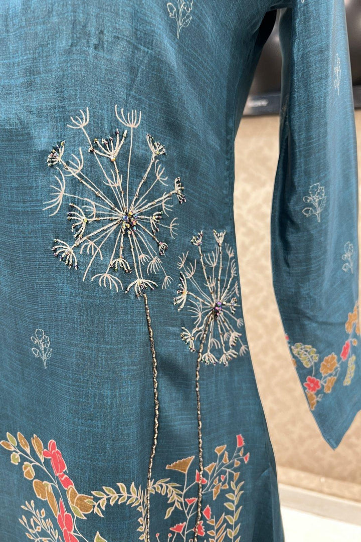 Rama Blue Digital Print, Thread and Beads work Calf Length Kurti - Seasons Chennai