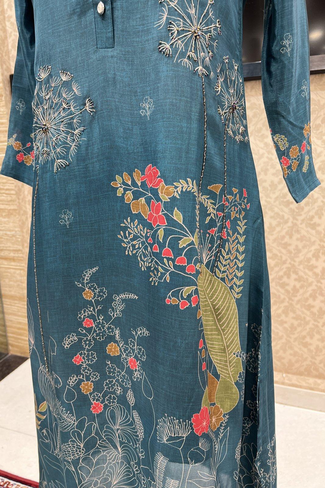 Blue Kurta Digital Print With Single Thread Work Aligadhi Pant main image 0