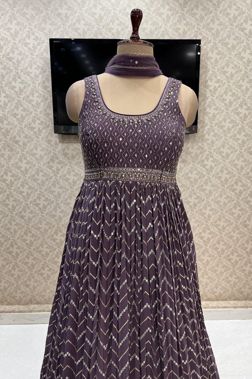 Light Purple Beads, Mirror, Stone, Sequins, Zari and Zardozi work Floor Length Anarkali Suit - Seasons Chennai