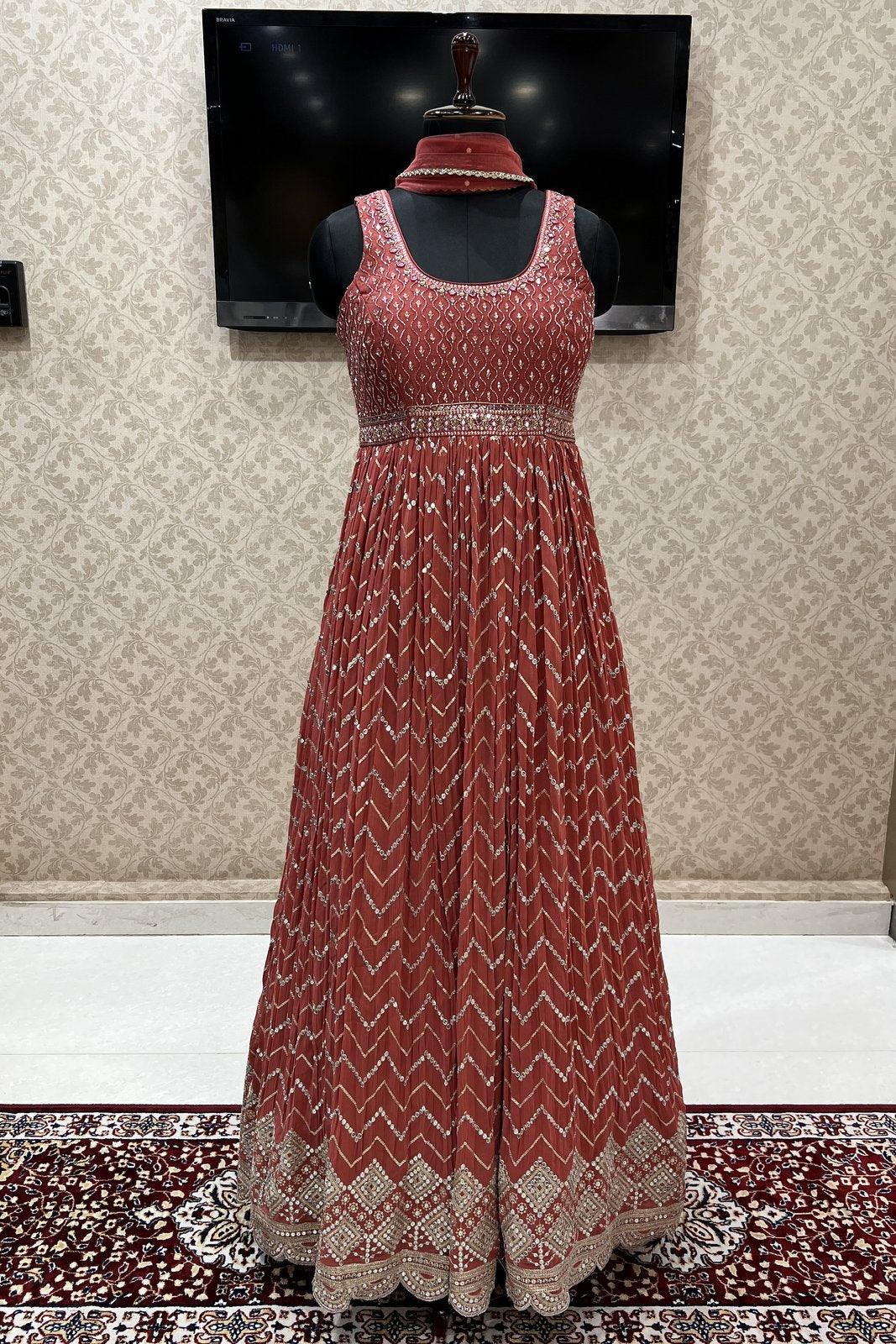 Brick Red Beads, Mirror, Stone, Sequins, Zari and Zardozi work Floor Length Anarkali Suit - Seasons Chennai