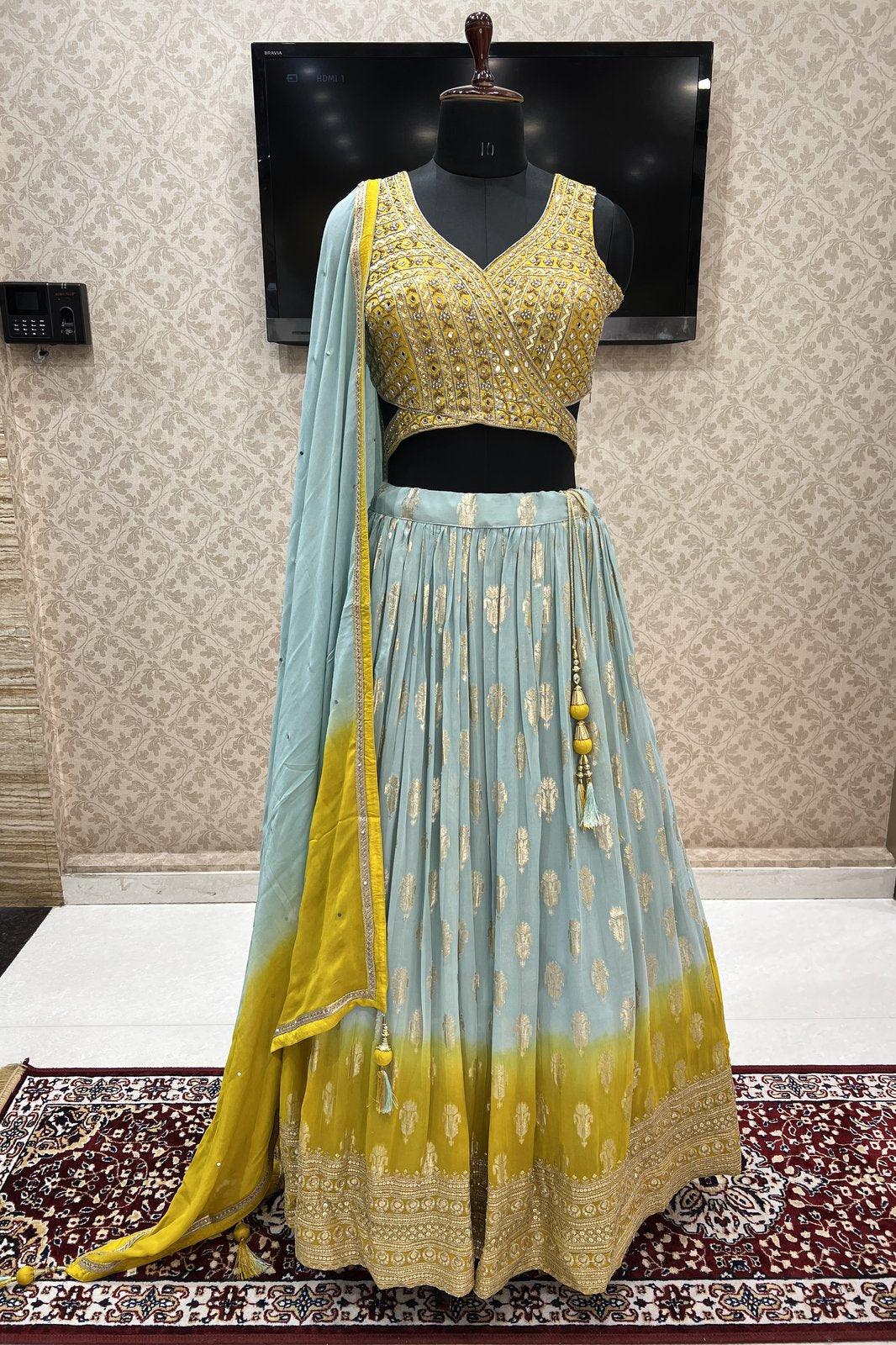 Yellow with Blue Mirror, Sequins, Beads, Zardozi and Banaras work Crop Top Lehenga - Seasons Chennai