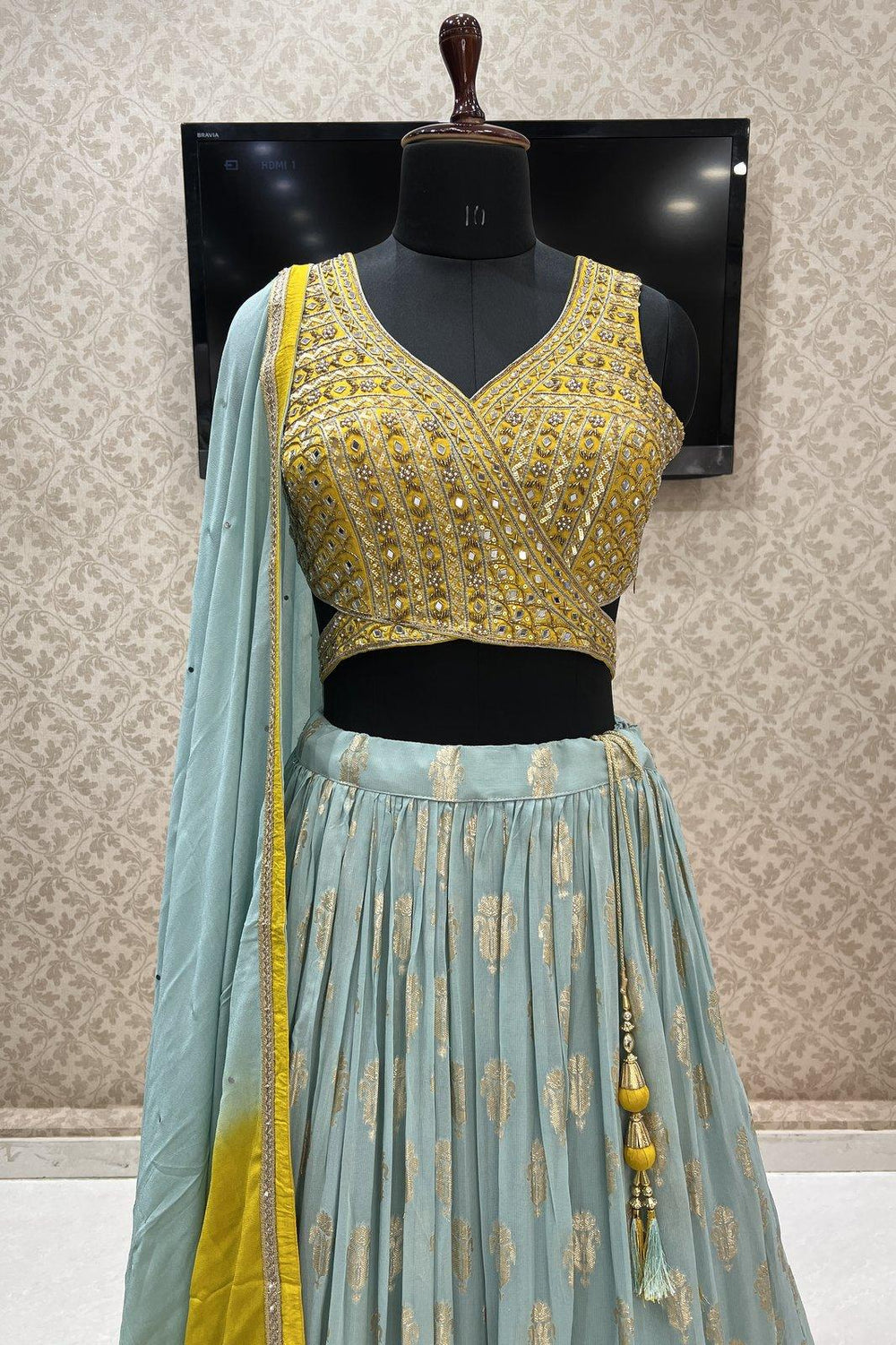 Yellow with Blue Mirror, Sequins, Beads, Zardozi and Banaras work Crop Top Lehenga - Seasons Chennai