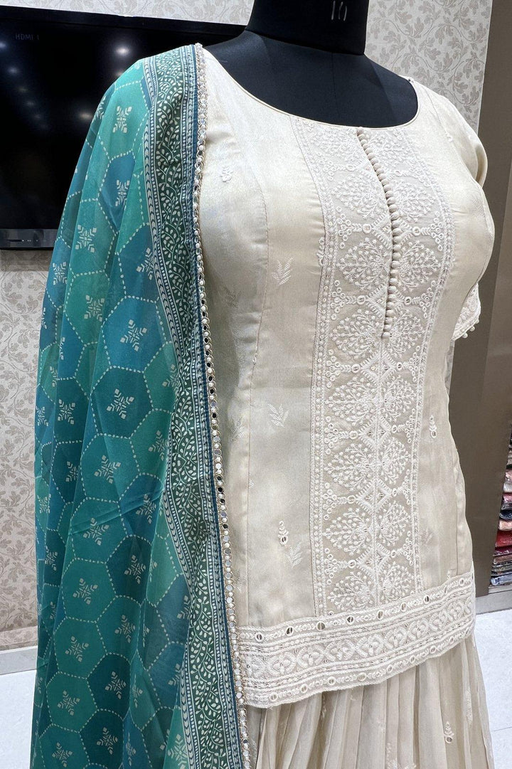 Cream Self Print, Sequins and Thread work Top with Lehenga - Seasons Chennai