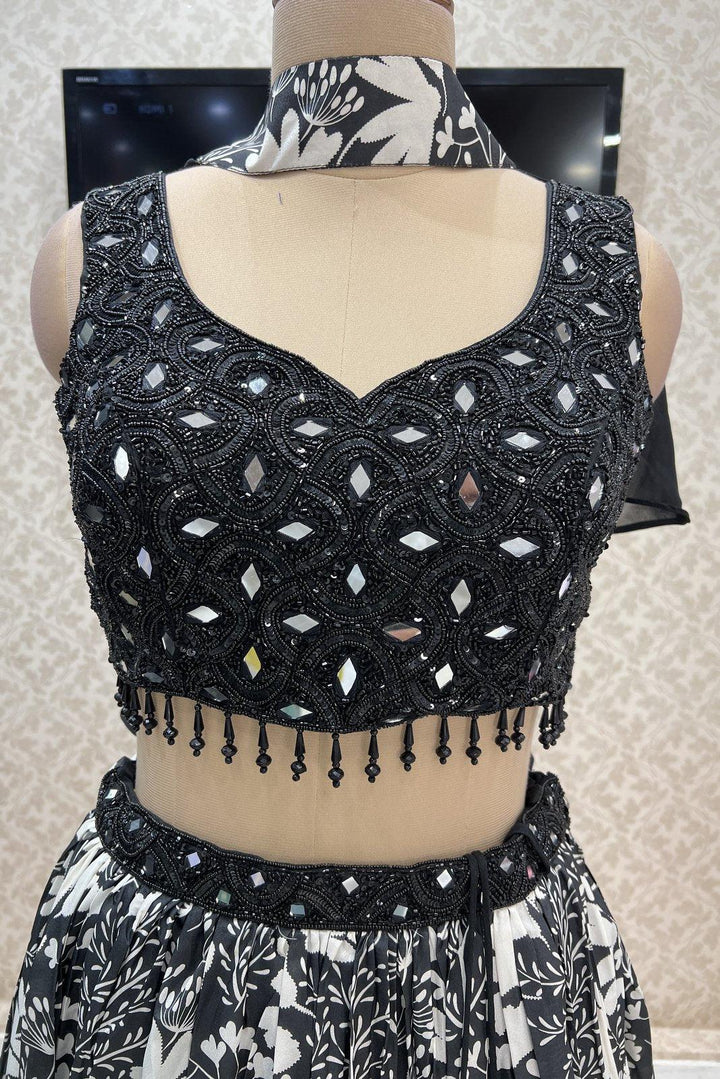 Black with White Digital Print, Sequins, Beads and Mirror work Crop Top Lehenga - Seasons Chennai
