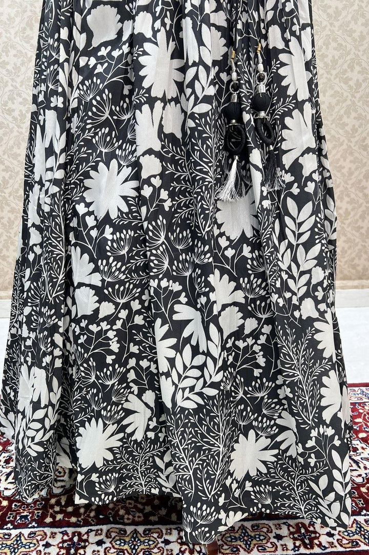 Black with White Digital Print, Sequins, Beads and Mirror work Crop Top Lehenga - Seasons Chennai
