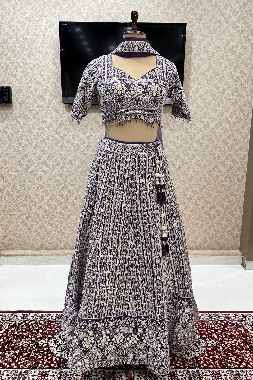 Purple Thread, Zari and Sequins work Crop Top Lehenga - Seasons Chennai