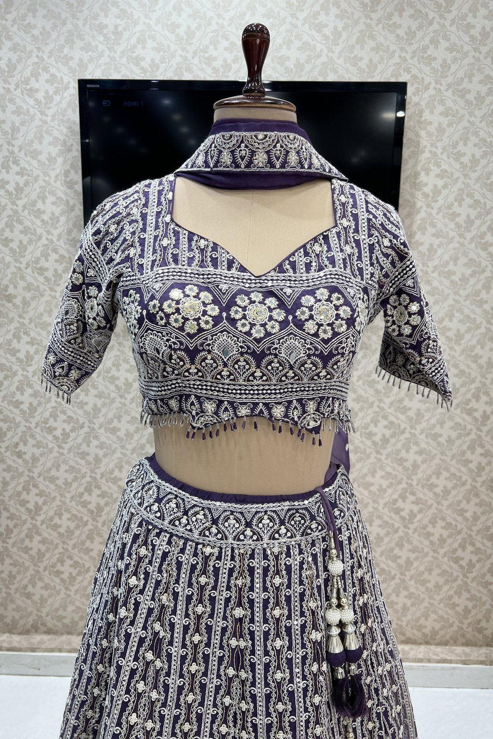 Purple Thread, Zari and Sequins work Crop Top Lehenga - Seasons Chennai