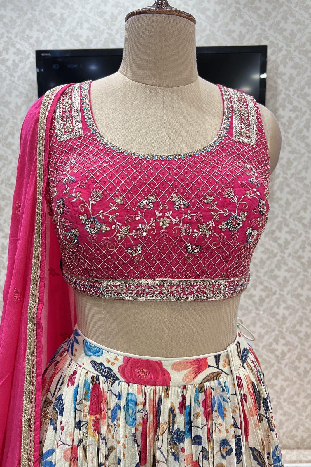 Pink with Beige Multicolor Digital Print, Zardozi, Mirror and Sequins work Crop Top Lehenga - Seasons Chennai