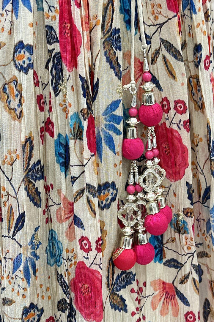 Pink with Beige Multicolor Digital Print, Zardozi, Mirror and Sequins work Crop Top Lehenga - Seasons Chennai